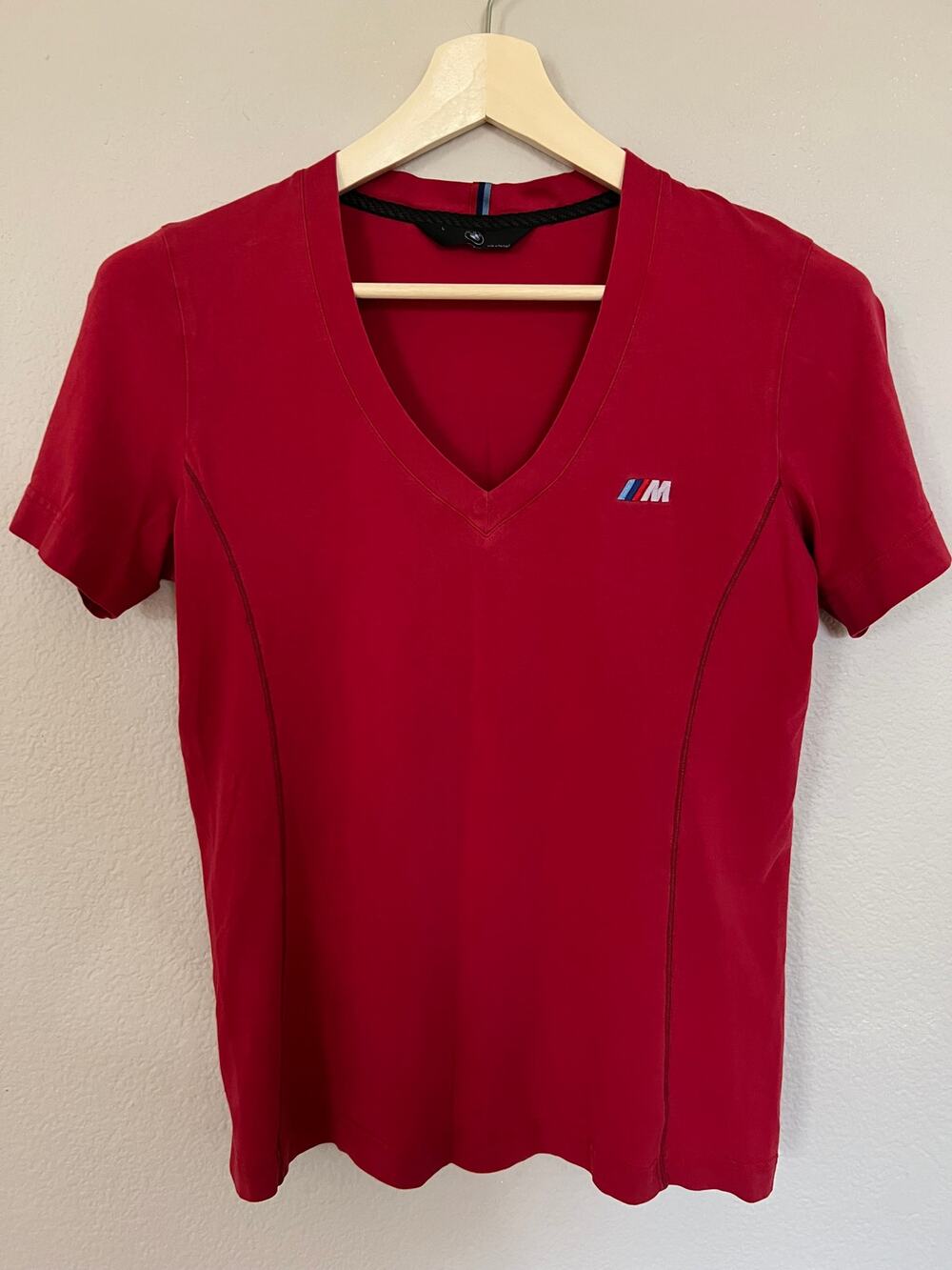 BMW M Red V-Neck T-Shirt Women's Size Large Cotton *Small Pinhole
